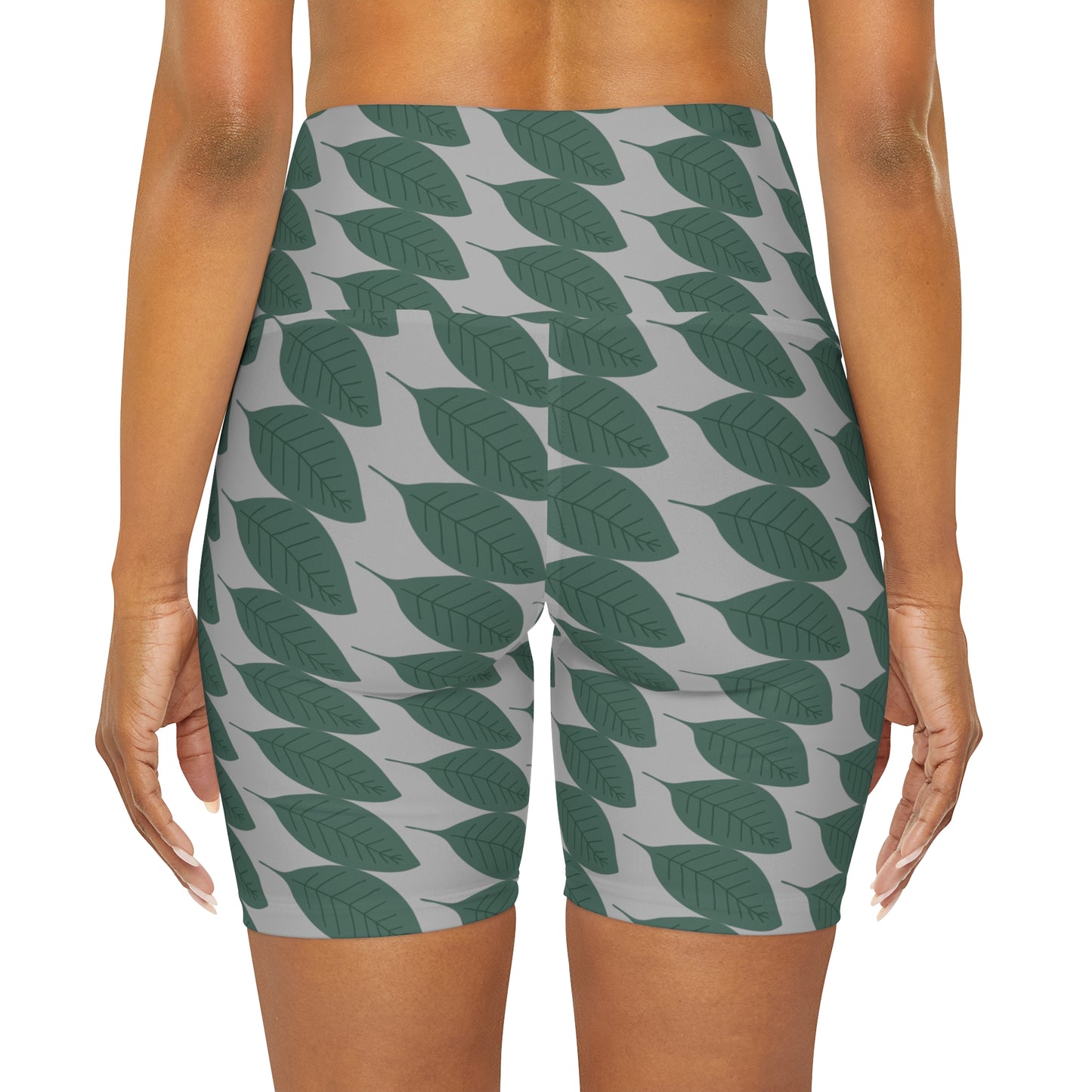 Women's Green Leaves High Waisted Yoga Shorts