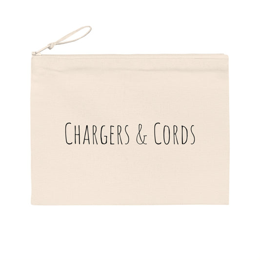 a small, zippered bag that reads "chargers and cords". perfect for travel!