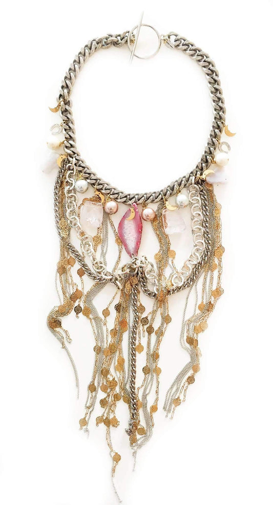 Italian Artist - Fringe necklace with pink agate, rose quartz, calcedony, and pearls