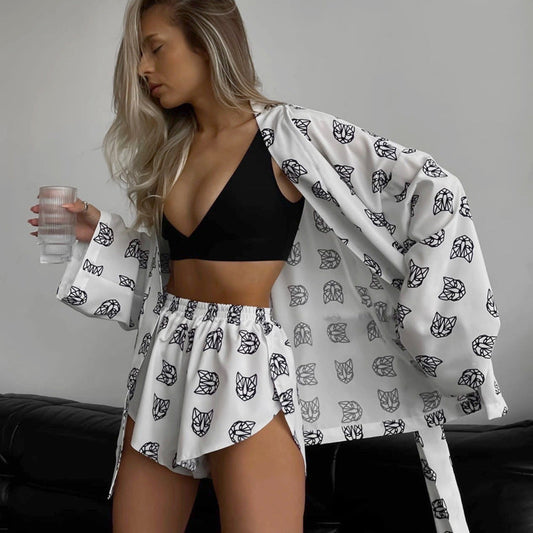 Cat Face Robe and High Waisted Shorts Set