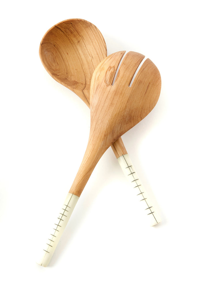 Olive wood and polished bone salad server set