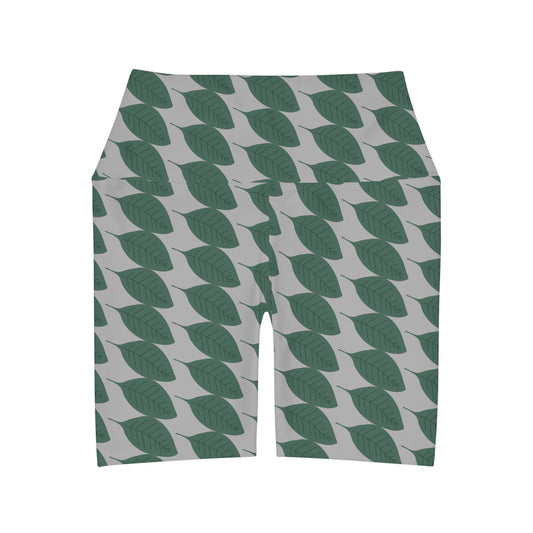 Women's Green Leaves High Waisted Yoga Shorts