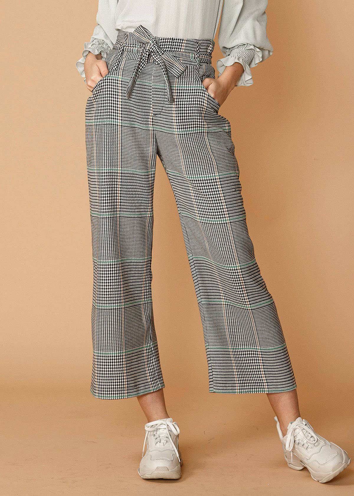 Plaid Tie Waist Cropped Pants