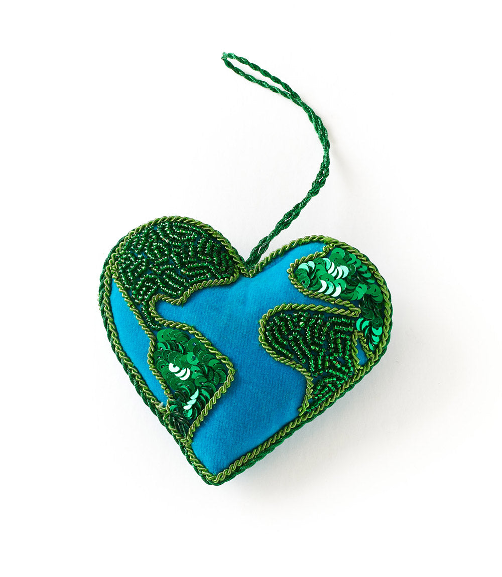 Heart Earth Beaded Felt Ornament - Hand Embroidered