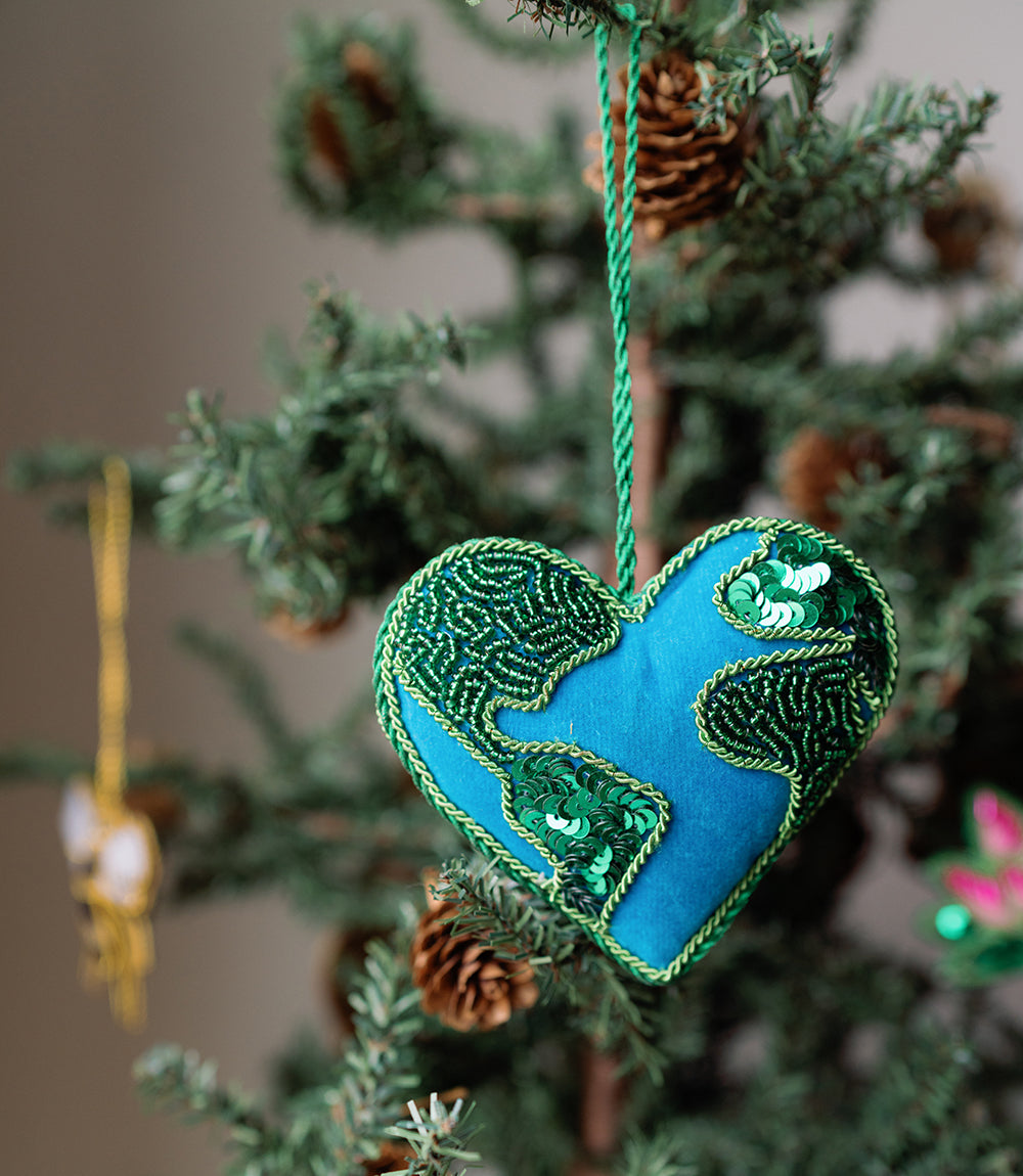 Heart Earth Beaded Felt Ornament - Hand Embroidered