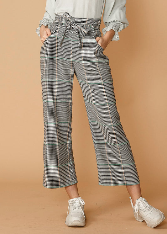 Plaid Tie Waist Cropped Pants