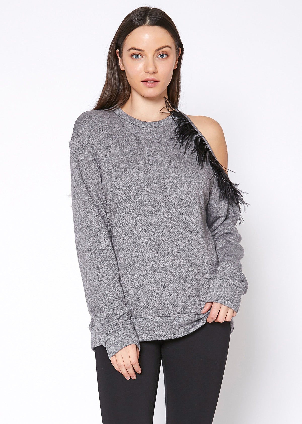 One Shoulder Feather Sweatshirt
