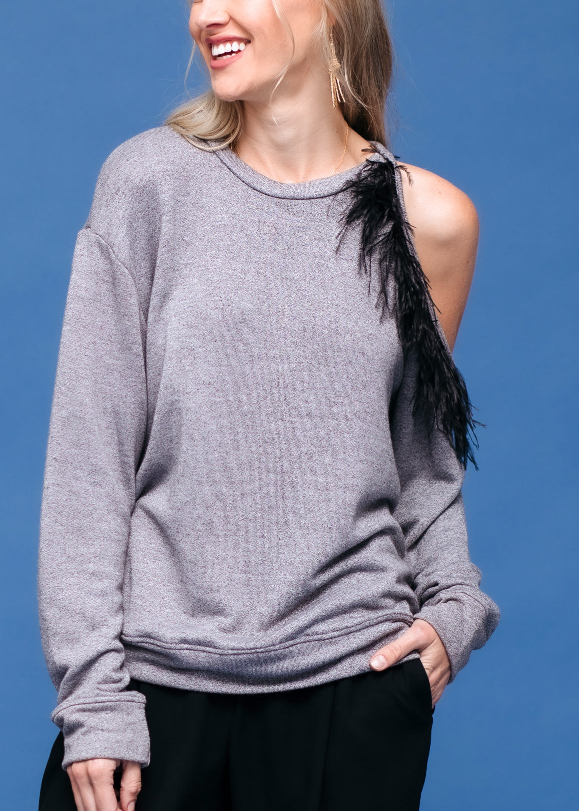 One Shoulder Feather Sweatshirt