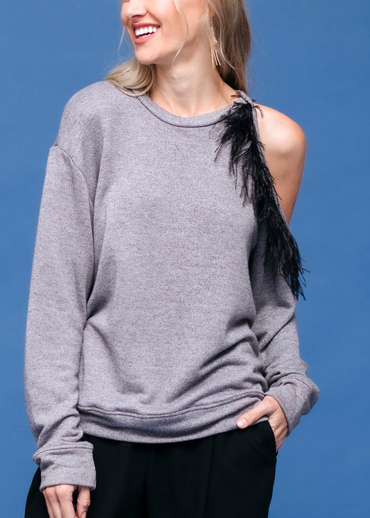 One Shoulder Feather Sweatshirt