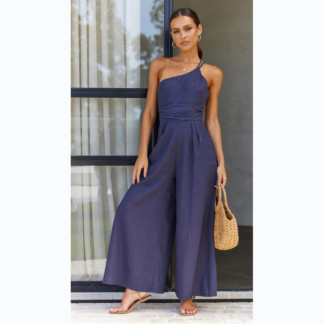Loose Fit Cotton and Linen One Shoulder Jumpsuit with Wide Legs