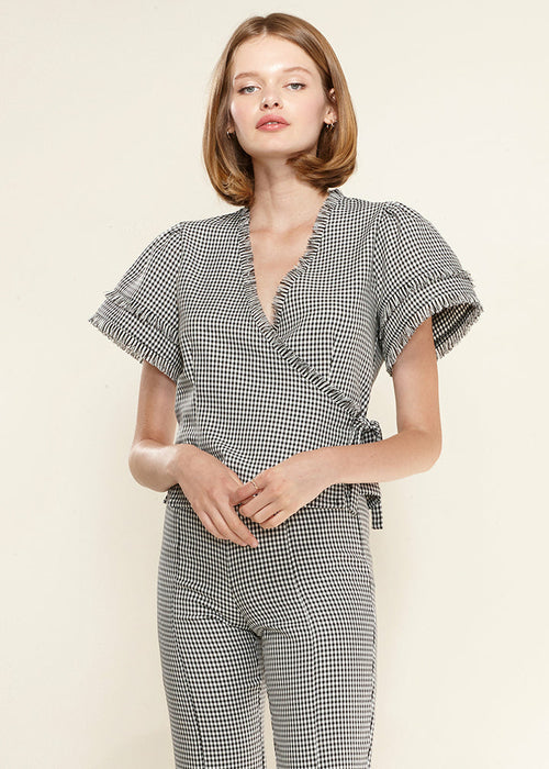 Fringe Trim Gingham Wrap Shirt