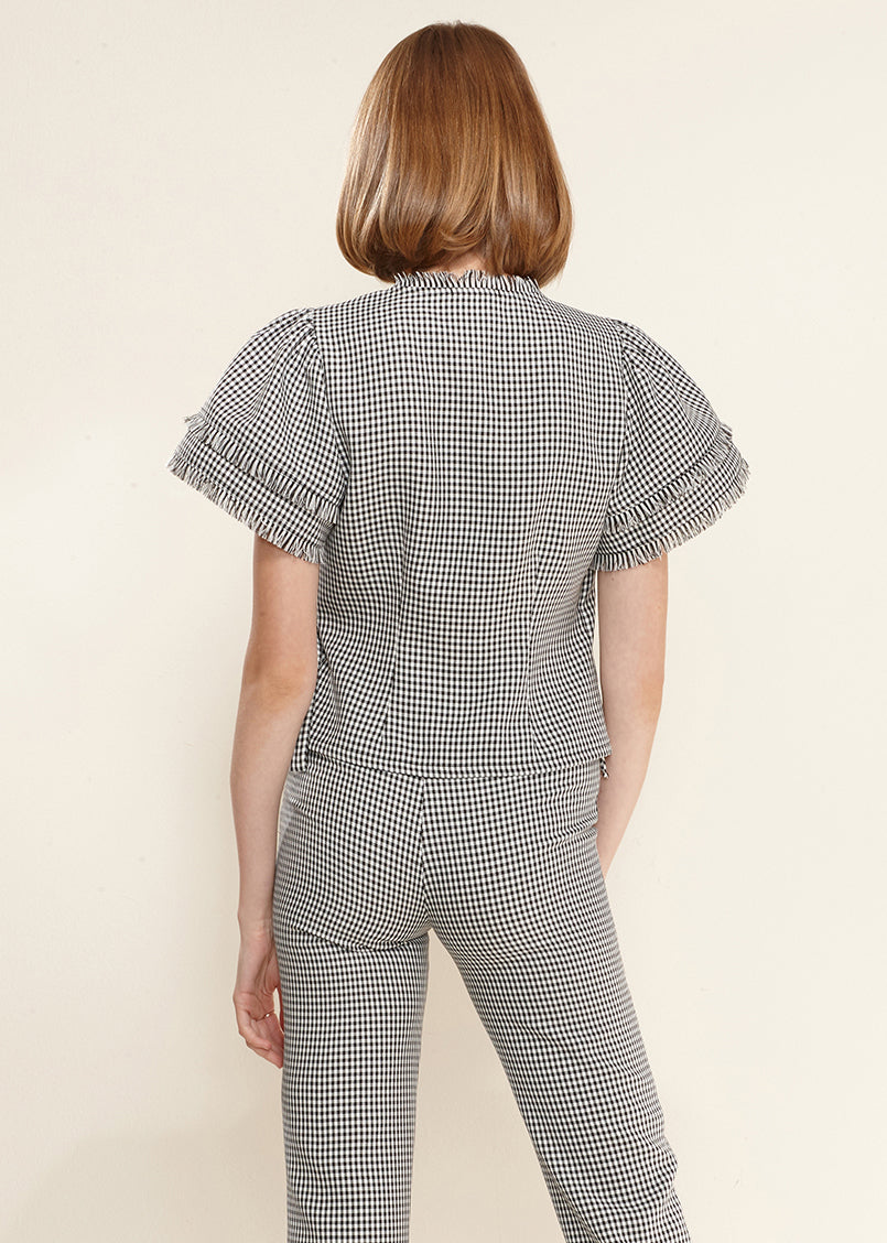 Fringe Trim Gingham Wrap Shirt