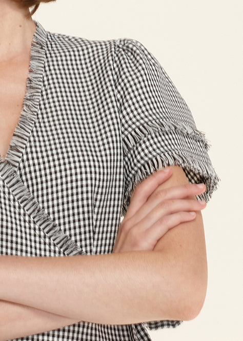 Fringe Trim Gingham Wrap Shirt
