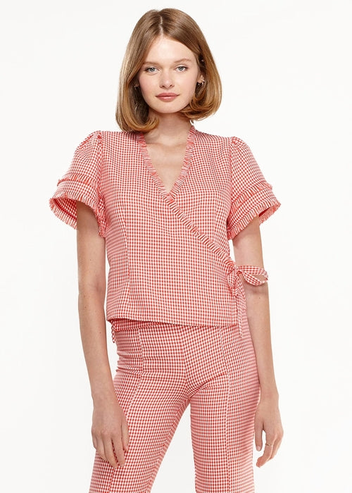 Fringe Trim Gingham Wrap Shirt