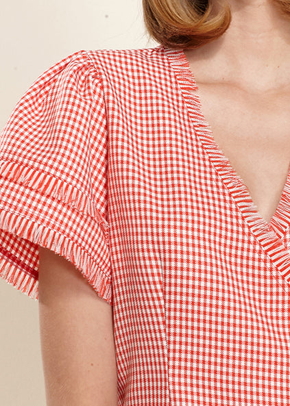 Fringe Trim Gingham Wrap Shirt